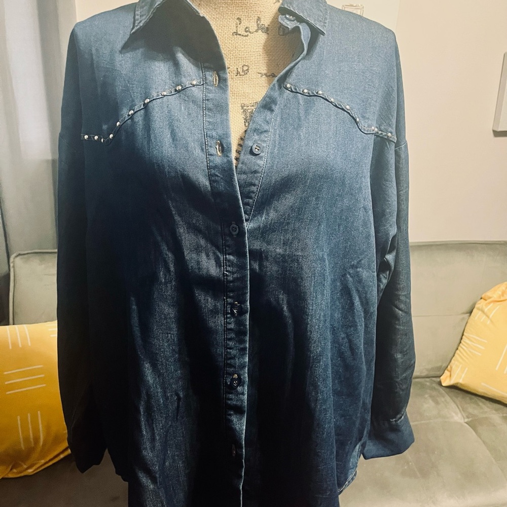 Studio Dark Blue Denim Button-Up Top - Picture 7 of 14